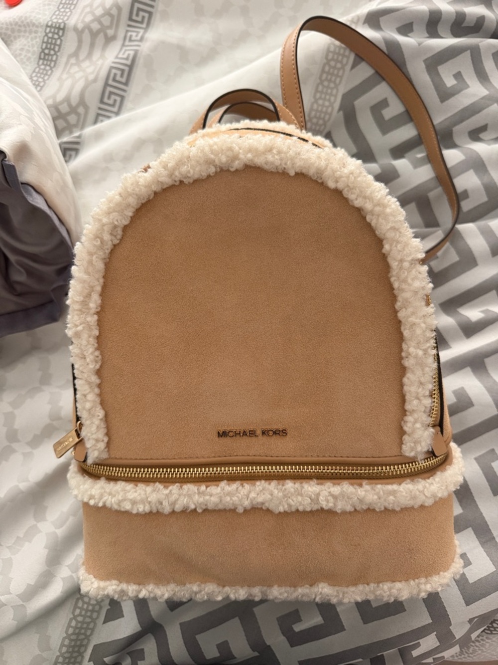 Michael Kors Tan Suede Mini Backpack with Cream Shearling Trim